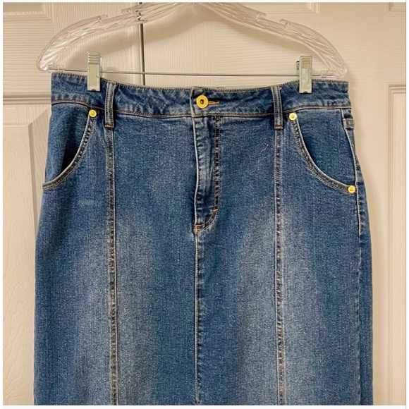 INC Blue Denim Stretch Midi Skirt 14P Boho Western Dark Wash Slit Jean - Picture 4 of 11